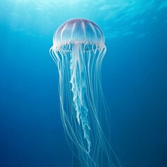 A mesmerizing jellyfish gracefully floats in the deep blue ocean.
