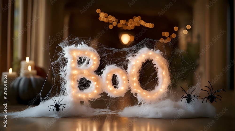 Poster spooky illuminated boo letters with cobwebs, black spiders and candles creating haunting halloween a