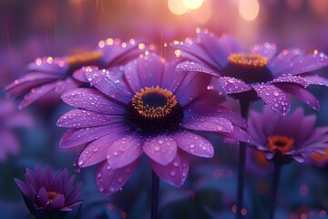Purple African daisy flowers with water drops in morning light, creating dreamy bokeh effect. Macro photography captures dew on petals against soft purple background.