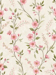 This seamless floral pattern showcases delicate pink blossoms and greenery on a light beige backdrop.
