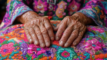 Aged hands resting on vibrant textile