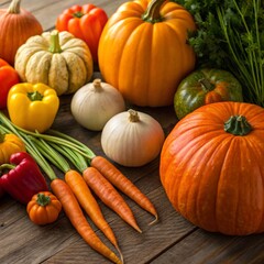 Colorful autumn harvest of pumpkins, carrots and peppers