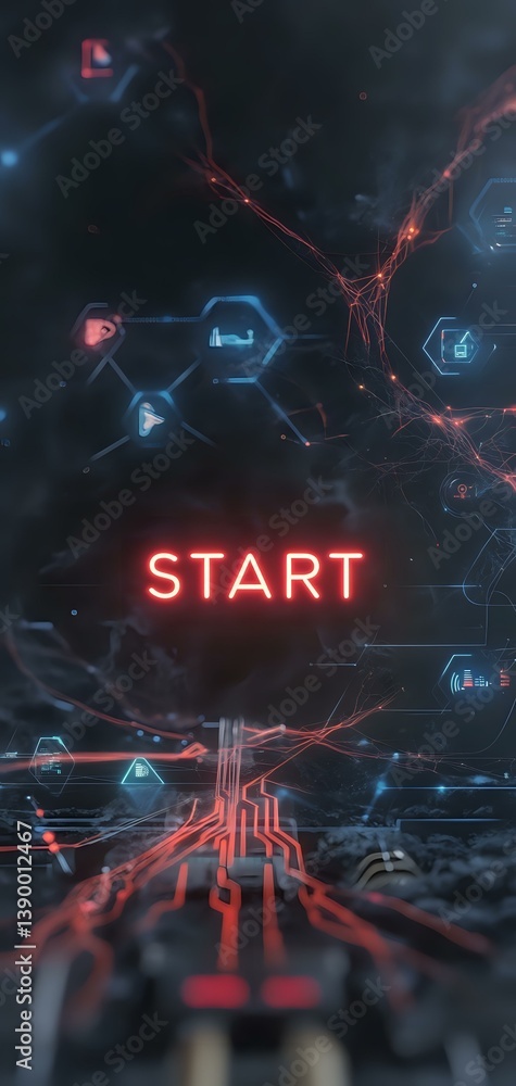 Poster glowing red start button on dark futuristic background with digital network connections, hexagonal s
