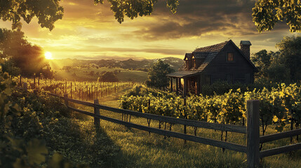 Farmhouse with grapevines at sunset, creating serene landscape