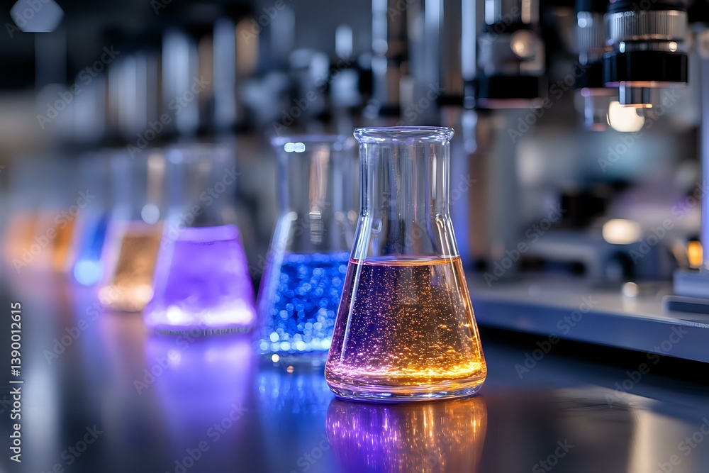 Poster laboratory glassware with colorful chemical solutions glowing in dark science lab, erlenmeyer flasks