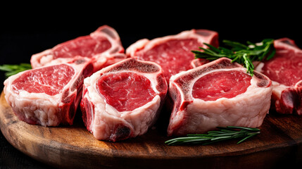Fresh cuts of lamb meat displayed on wooden board, garnished with rosemary, showcasing rich red color and marbling, perfect for culinary enthusiasts