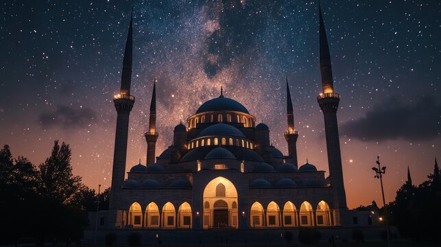 Celestial Mosque: A stunning architectural wonder under a mesmerizing starry night sky