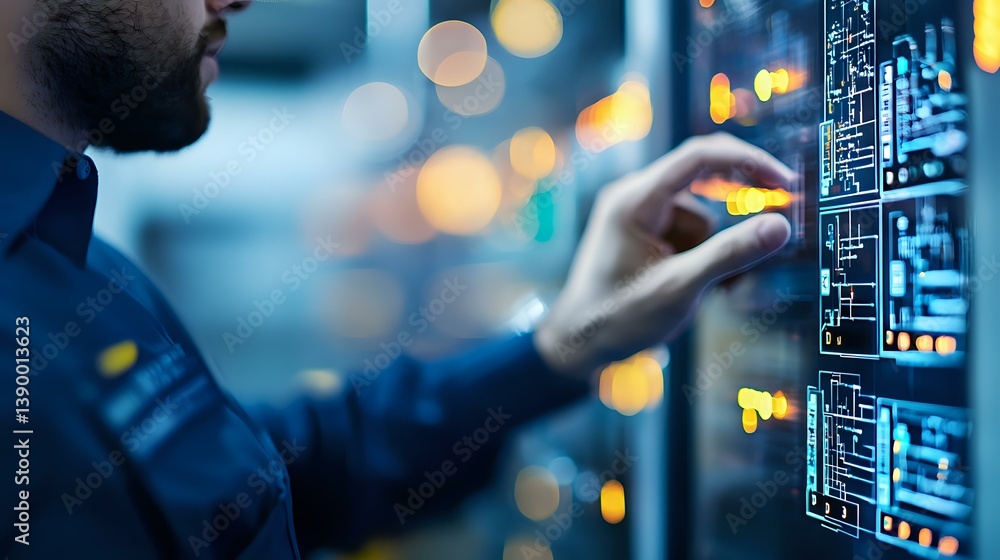 Poster male it specialist working with server equipment in modern data center, touching digital display pan