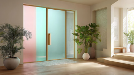 Fototapeta premium Elevate Your Home with Soft-Hued Front Door Glass Infused with a Gentle Past for Warmth