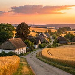 Sunset over a tranquil village in the countryside