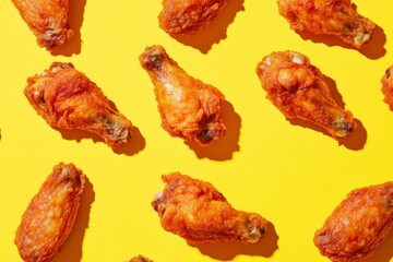 Close-up view of crispy fried chicken wings on a vibrant yellow backdrop with natural shadows