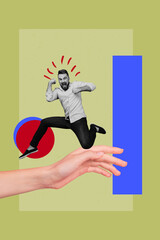 Creative abstract collage of young guy jump raise fists up on yellow background hand