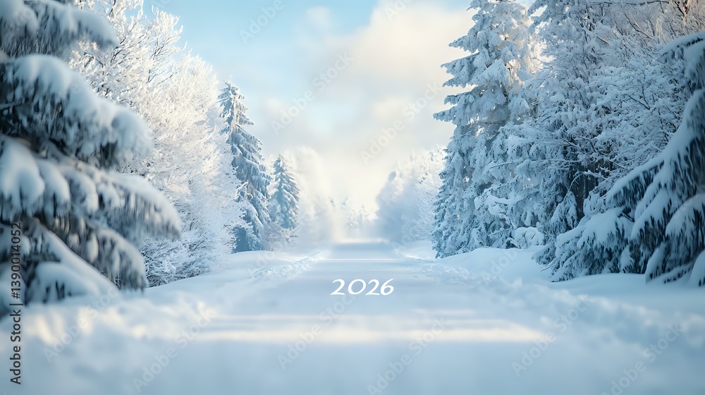 Poster magical winter forest path covered in fresh snow with 2026 text, frost covered pine trees and soft m