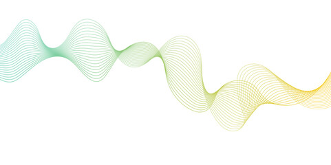 Green color gradient wavy line design. Twisted curve lines with blend effect. Flowing pattern on transparent white background.