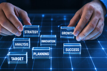 This showcases the essential components a successful business strategy featuring keywords like growth analysis and innovation arranged beautifully for effective planning