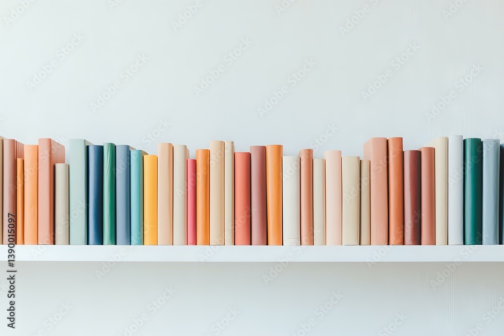 Poster row of pastel colored book spines arranged on white shelf against light wall, creating minimal conte
