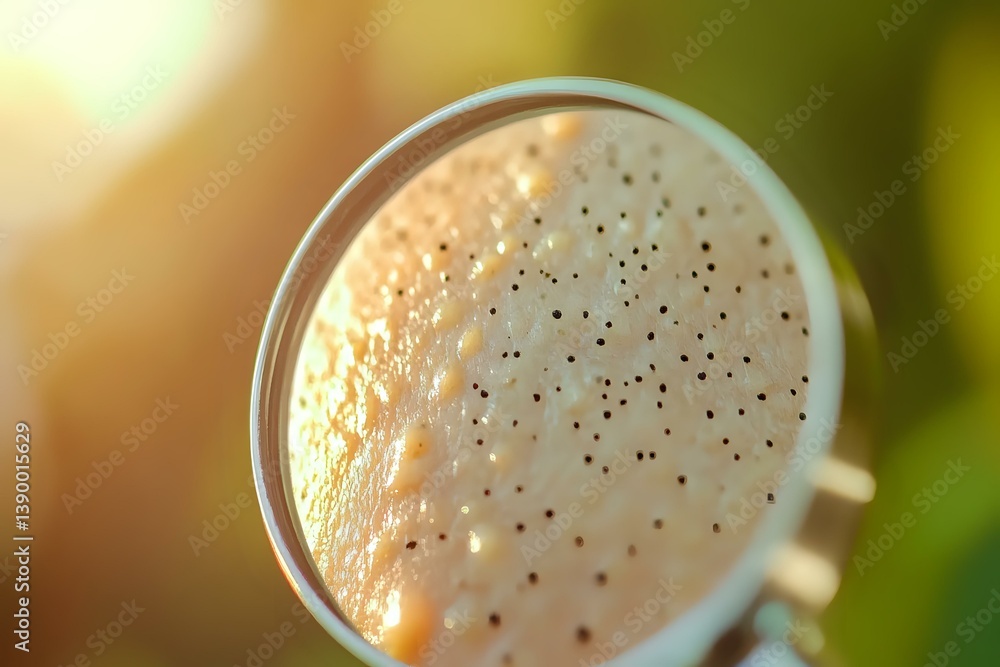 Aufkleber macro shot of water droplets on magnifying glass surface against blurred natural background with gol