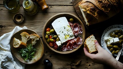 Mediterranean appetizer platter with feta cheese, olives, cured meats, fresh bread, and olive oil on rustic wooden table, overhead view showing hands serving food.