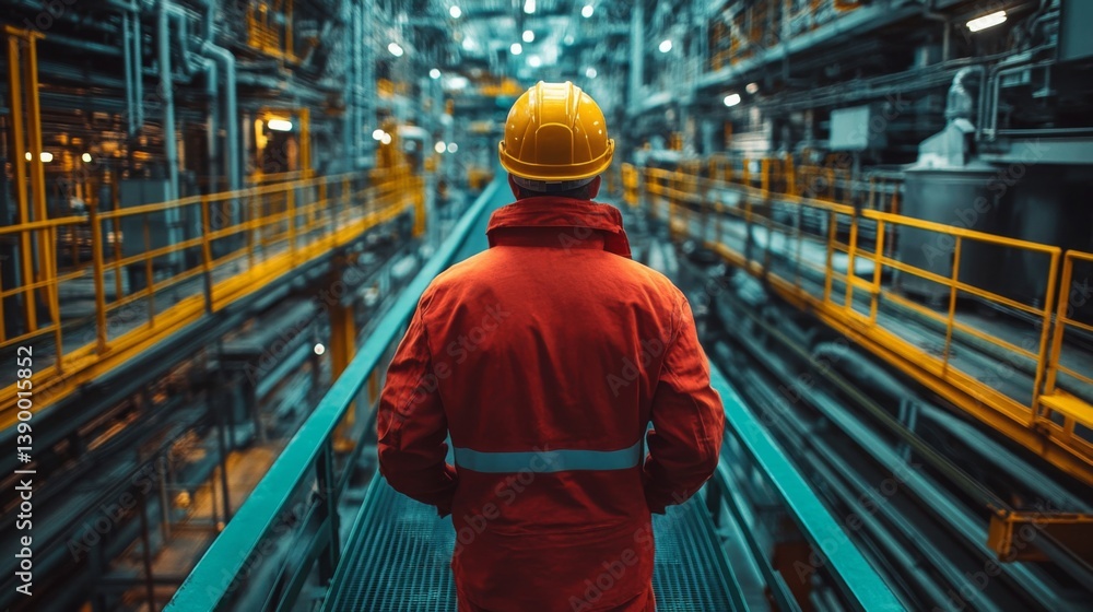 Poster a worker in safety gear stands in a high tech mining facility, observing the intricate machinery inv