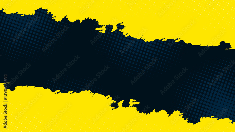 Poster yellow background with dark diagonal stripes across it and non-contrast halftone dots.