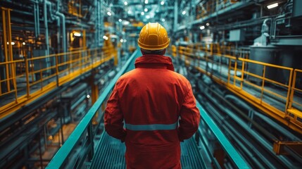 A worker in safety gear stands in a high tech mining facility, observing the intricate machinery involved in energy generation and extraction processes.