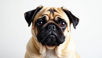 Obraz premium Wrinkled pug face, solo against pure white backdrop, dog, dog breeds, pug