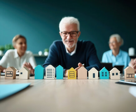 Senior individuals discussing housing options with miniature models, showcasing community