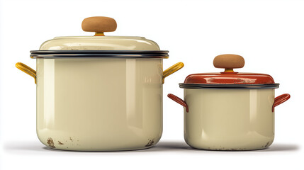 Enamel Camping Cookware Isolated On White Background Provides Durable, Vibrant Outdoor Cooking Solutions With Care