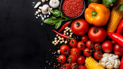 Assorted fresh vegetables and lentils on dark surface