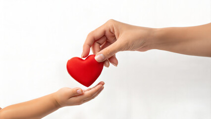 Child's hand receiving a red heart from a mother  
