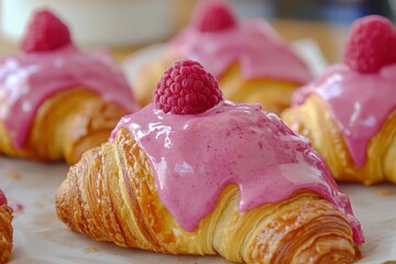 Vibrant Close-Up of Freshly Baked Croissants with Pink Raspberry Cream Glaze and Fresh Raspberries on Baking Paper
