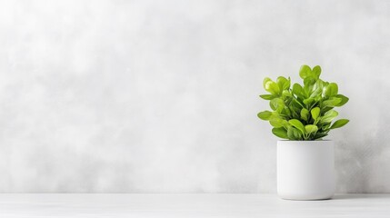 Fototapeta premium A small green plant in a white ceramic pot sitting on a minimalist white shelf, soft focus background, indoor decor, and simplicity and tranquility concept.