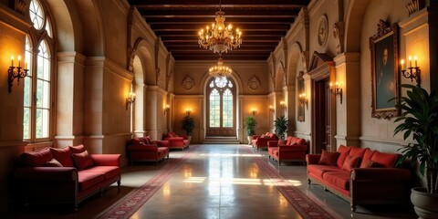Obraz premium Grand Hallway with Elegant Red Sofas and Ornate Lighting Fixtures