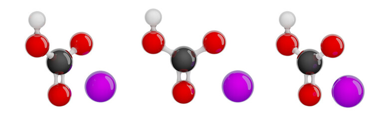 Molecule of Sodium hydrogencarbonate (Baking soda). Set of views. Molecular formula: NaHCO3. Chemical model: Ball and stick. Isolated. Transparent background. 3D illustration