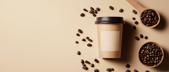 Minimal coffee flatlay mockup with kraft paper cups, roasted beans, and natural shadows. Template for eco branding, café ads, coffeeshop or lifestyle visuals. Generative ai