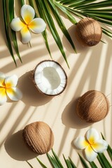 Vibrant tropical flat lay composition featuring coconuts, tropical halves, plumeria blooms, and lush green leaves on a beige backdrop