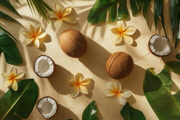 Vibrant Tropical Flat Lay Featuring Coconuts, Plumeria Flowers, and Leaves with Sunshine and Shadows on a Beige Background