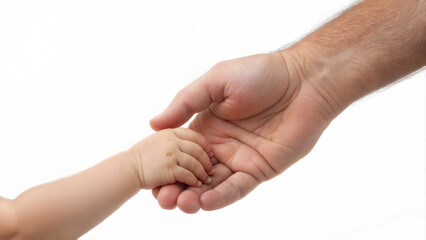 Father gently holding baby's hand against a white background  