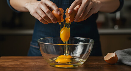 Hands Holding Egg Above Mixing Bowl in Cozy Kitchen Moment