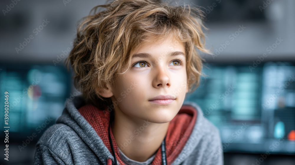 Poster young autistic engineer conducts research on neural circuits in a high-tech robotics lab