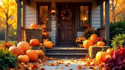 Autumnal Porch Decor with Hay Bales and Pumpkins A Festive Fall Scene