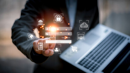 Cyber security and Security password login online concept Hands typing and entering username and password of social media, logging in with smartphone to an online bank account, data protection hacker.