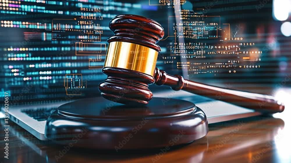 Poster 4k animation of a judge's gavel symbolizing justice in a digital age with technology backdrop