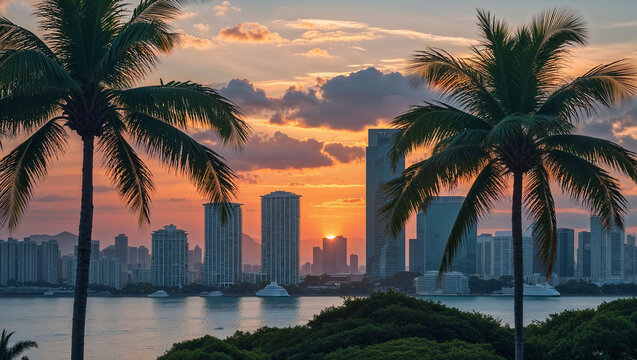 Palm trees framing vibrant sunset over coastal cityscape