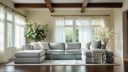 An open, airy living room with light gray furniture, a large plant, and lots of natural light