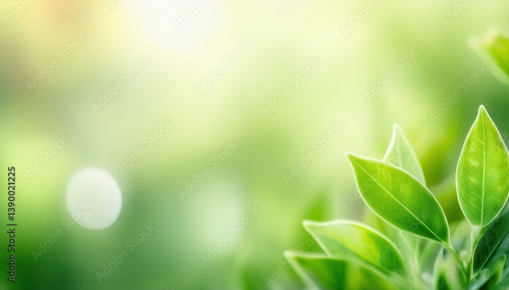 Poster vibrant green leaves in soft sunlight for nature-themed branding, serene background with bokeh effec