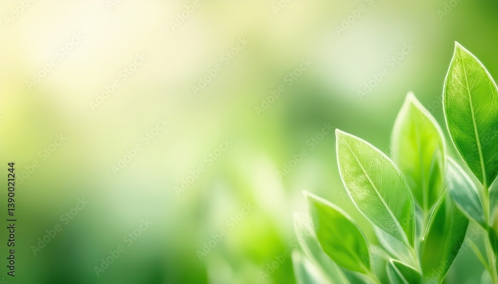 Poster vibrant green leaves in soft sunlight for nature-themed branding, serene background with bokeh effec
