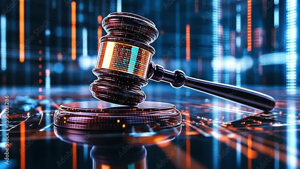 Poster advanced digital gavel symbolizes justice in a futuristic courtroom setting with dynamic graphics