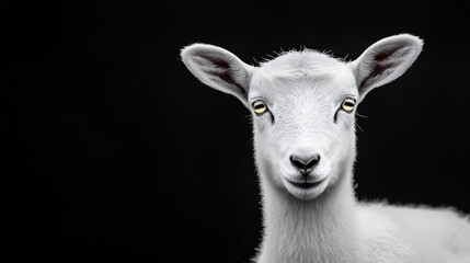 White Goat Staring Against a Dark Background With an Empty Space, Showcasing Its Expression and Features