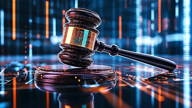 Advanced digital gavel symbolizes justice in a futuristic courtroom setting with dynamic graphics
